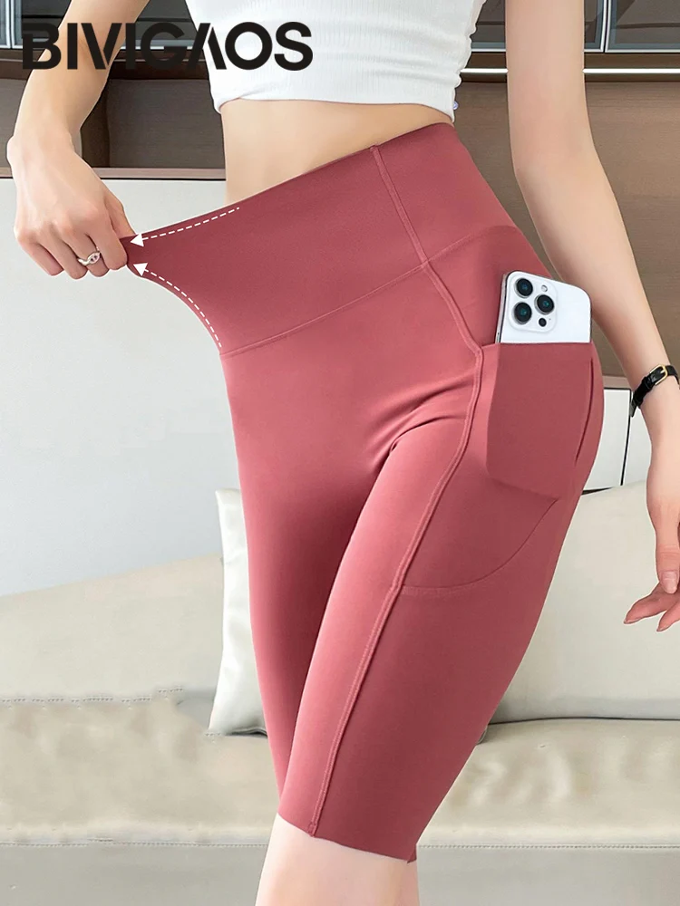 BIVIGAOS Summer Knee Length Yoga Biker Shorts Women Pockets High Waist Butt Lifter Cycling Leggings Fitness Sport Bicycle Shorts