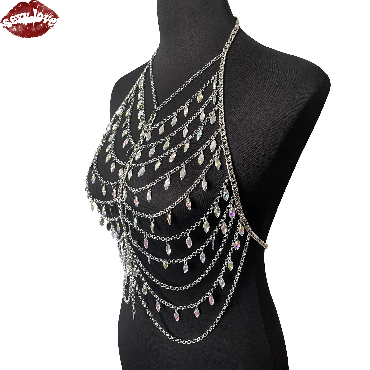 Sexy Love Bdsm Nuova catena per il petto delle donne sexy Catena multistrato Accessorio per il sesso Ciondolo con strass Catena per il corpo delle donne Gadget Erotico