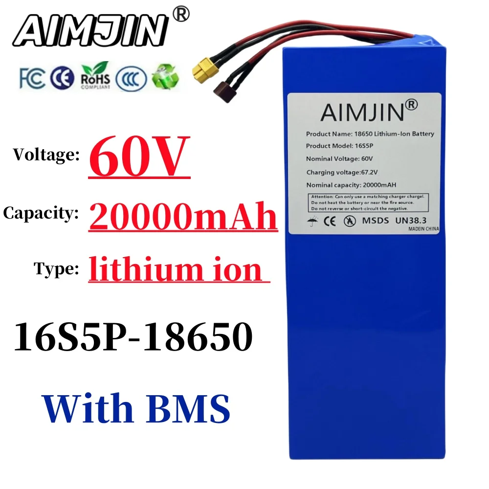 16S5P 60V Battery 20000mAH Lithium Battery Pack With BMS With BMS for Motorcycle, Scooter, Bicycle 2000W Motor