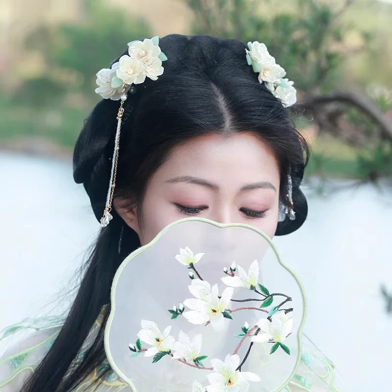 女性と女の子のための中国のクリップヘアアクセサリー,緑の花のヘアピン,真珠のヘッドピース,古いパーティージュエリー,1ペア