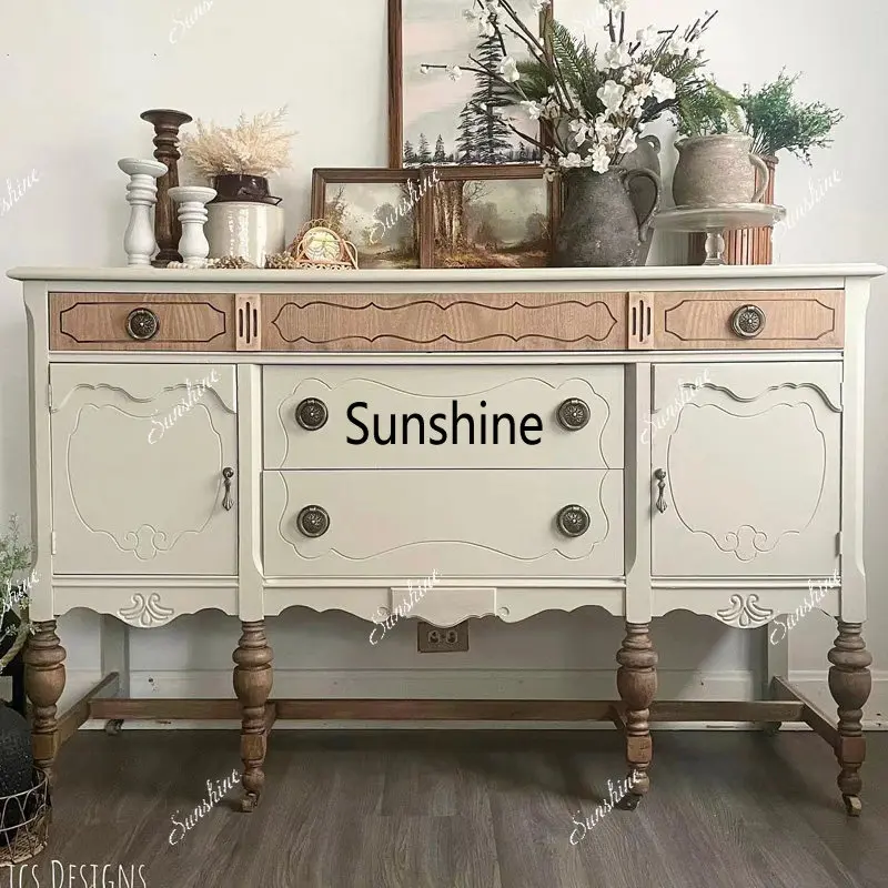European retro solid wood carving hallway cabinet, living room decoration, rural color matching against the wall