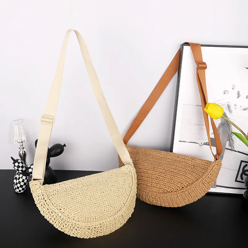 Simple Paper Rope Woven Women Half Moon Bag Summer Adjustable Shoulder Strap Crossbody Bag Seaside Vacation Travel Shoulder Bag