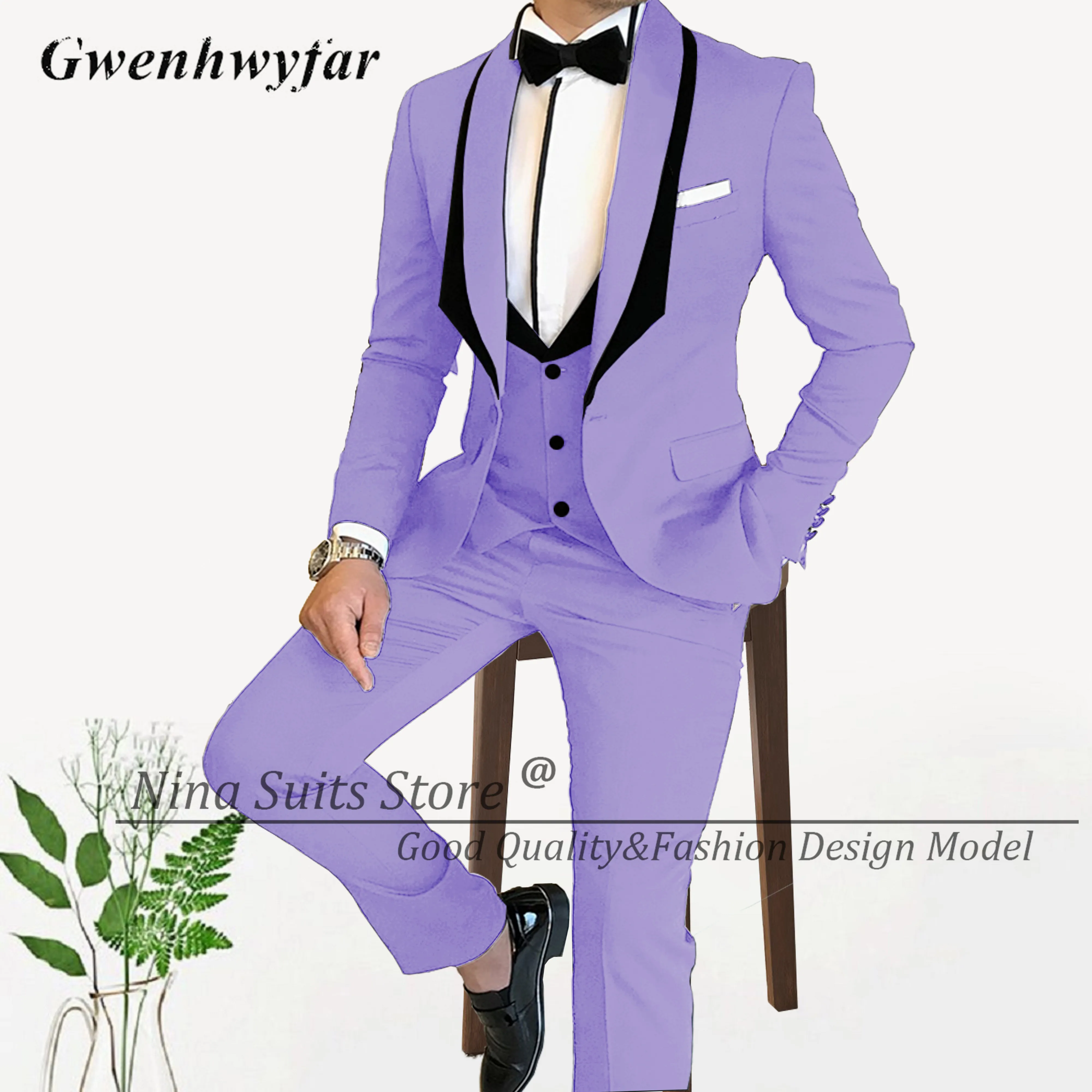 Gwenhwyfar Men's Lavender Sui Party Dresses Jacket+Pants+Vest Fashion Suits For Men Slim Fit Party Formal Occasion Dresses Homme