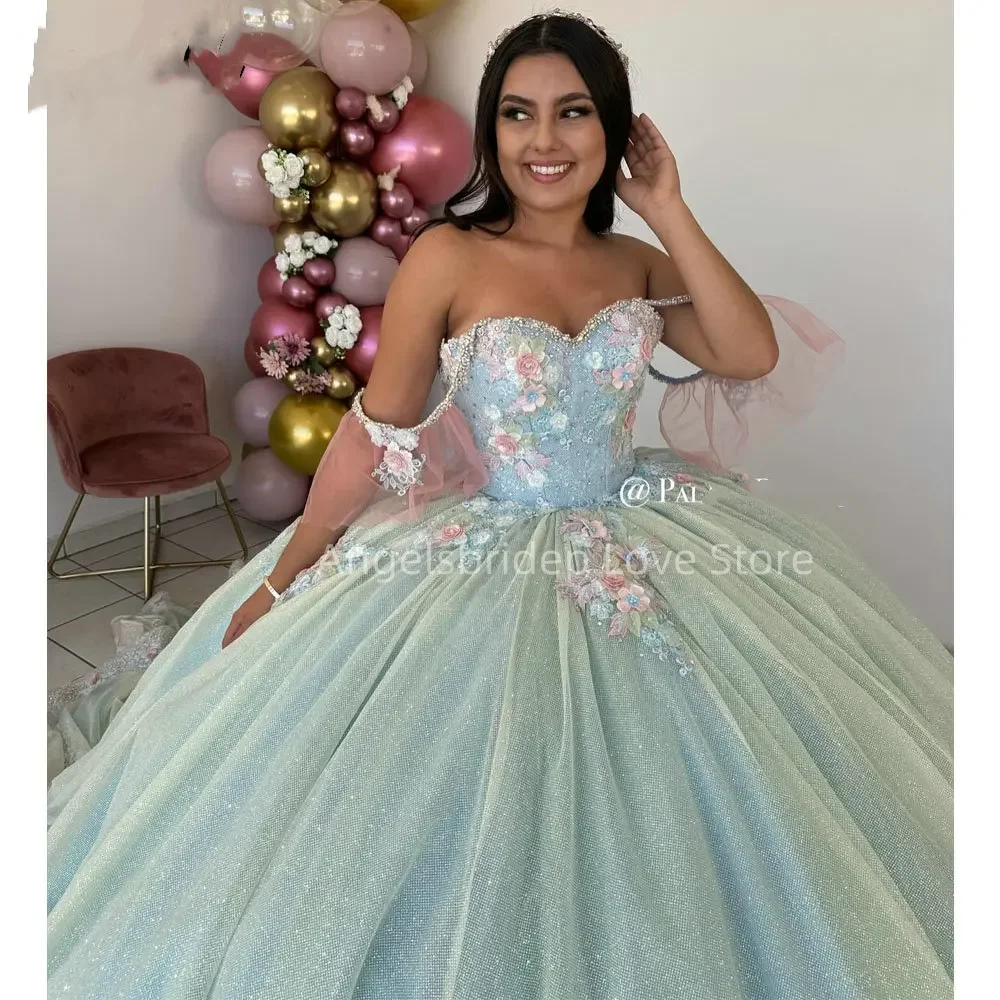 Angelsbridep-Vestido De baile verde menta personalizado, vestidos Quinnceanera De tul brillante con hombros descubiertos, Vestido De fiesta De graduación De 15 Quinceañera