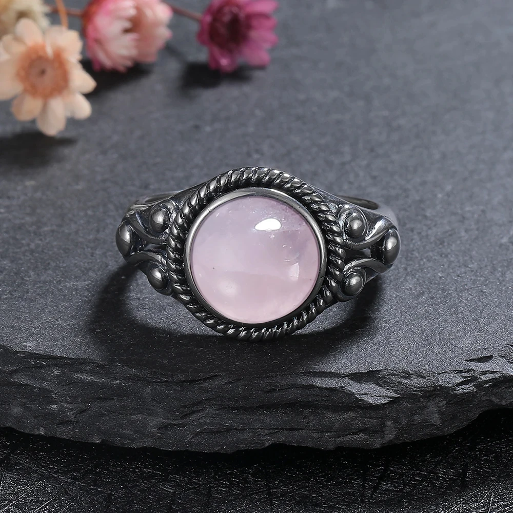 

Round 10mm Natural Labradorite Rose Quartz Rings for Women 925 Sterling Silver Vintage Ring Retro Jewelry Party Gift