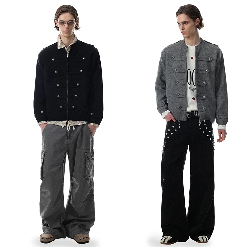 LUZHEN 2026 New Double Breasted Decorate Patchwork Design Casual Knitted Cardigan Men's Solid Color Elegant Male Sweater JY9032