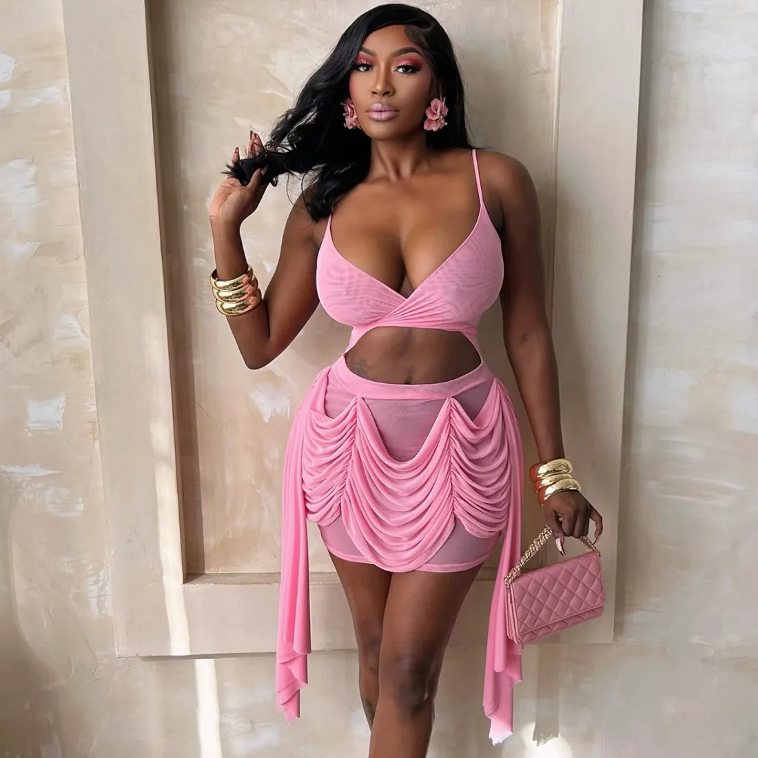 

STYLISH LADY Ruched Mesh Bodycon Mini Dress 2026 Summer Women Spaghetti Strap Sexy Cut Out Cami Spring Club Party Dress