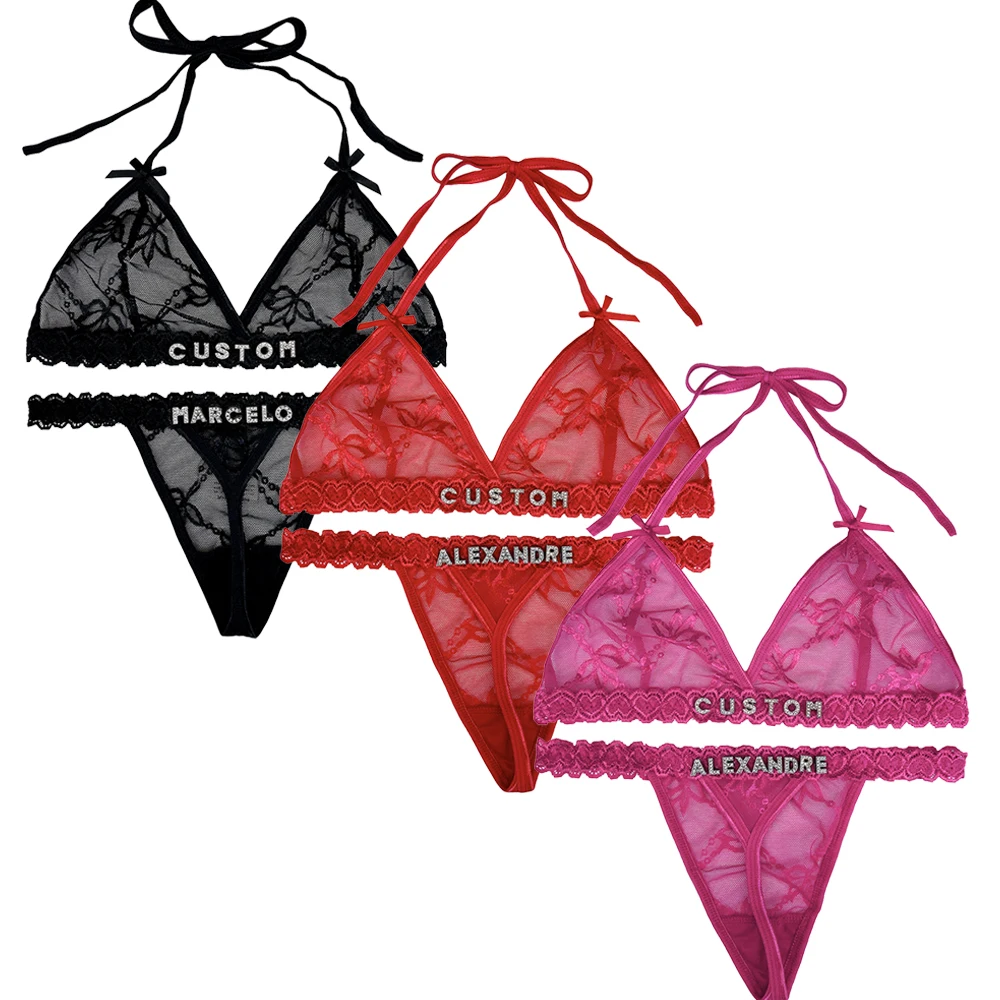 NEW Custom Name Thongs Lingerie Personalized Bra Thong Sets Sexy Lace Underwear Valentines Day Hotwife Gift Plus Size G-string