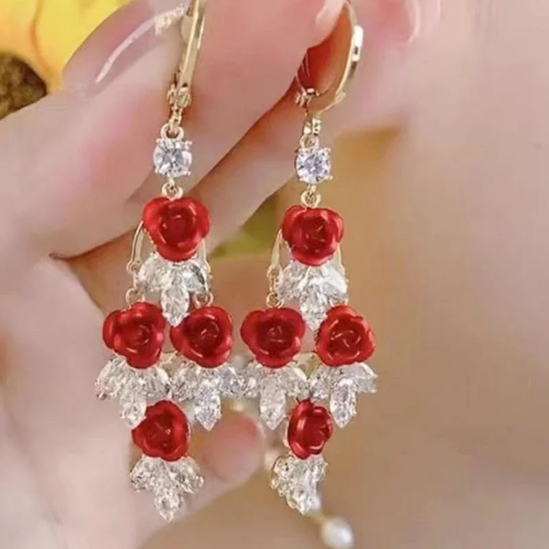 Fashion Red Zircon Long Tassel Earrings for Women Elegant Rose Crystal Pendant Earrings Girls Party Wedding Statement Jewelry