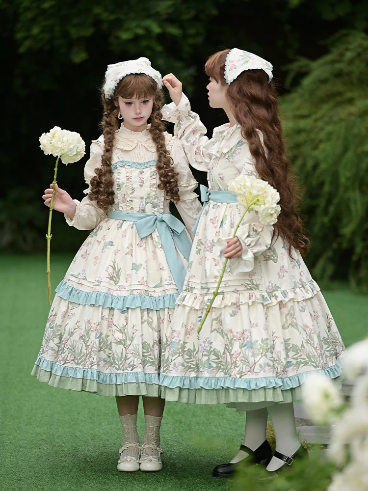 التصميم الأصلي الأزهار والطيور مقبض نمط تنورة تنحنح تحديد المواقع طباعة طويلة الأكمام OP والخصر بلا أكمام فستان JSK الخريف