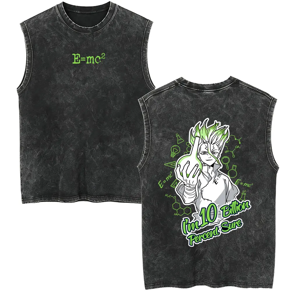Hot Anime Dr. Stone Ishigami Senku I'm 10 Billion Percent Sure Vintage Washed Tank Tops Men Women Casual Manga Sleeveless Vest