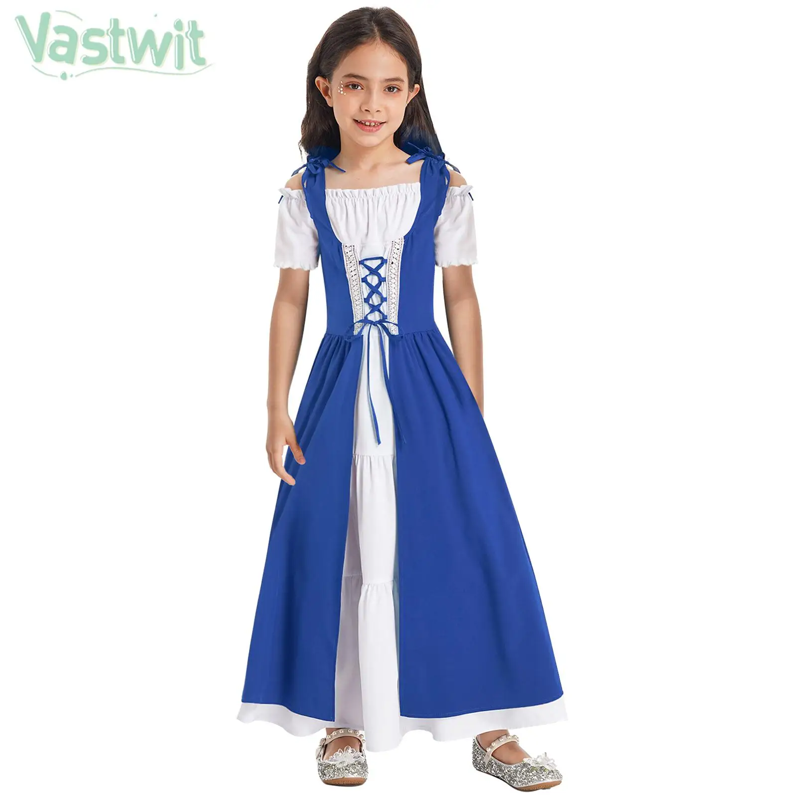 

6-16Y Girls Medieval Renaissance Cosplay Costume Halloween Victorian Theme Party Roleplay Dress Short Sleeve Lace-up Robe Gown