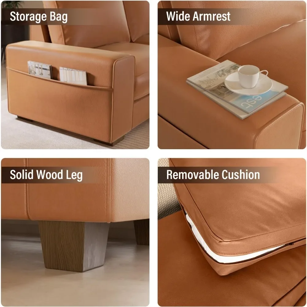 Loveseat de 2 lugares de meados do século em couro sintético com braços largos e bolsos laterais, estrutura de madeira maciça para uso em vários ambientes