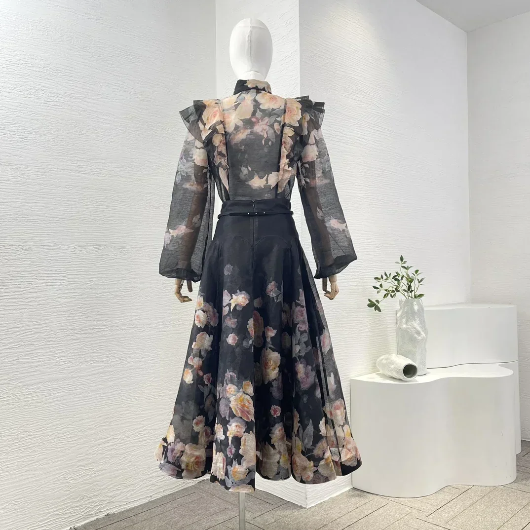 Linen Silk New Autumn Collection High Quality Black Floral Print Long Sleeve Ruffles Blouse Tops and Midi Skirt Women Outfit Set