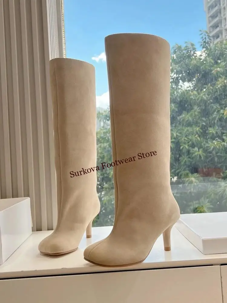 European Stylish High-Heeled Square Toe Knee Boots Retro Suede Loose Straight Cross-Border Knight Boots Size44 Fall Winter Shoes image 4
