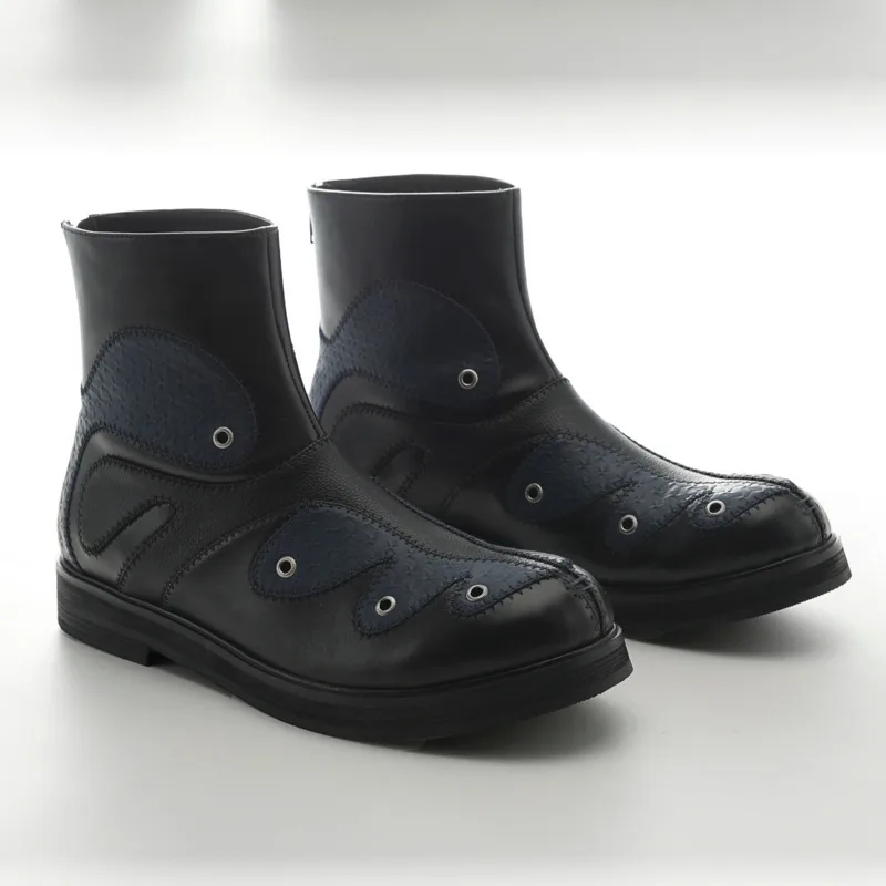 HKSH Men Punk Jade Belt Short Boots Niche Chic High Sense Cowhide Streamlined Texture Patchwork Fashion Round Toe Shoes HK16422