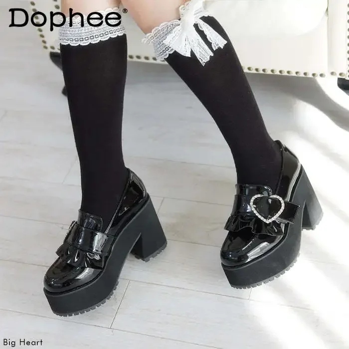 

Japanese Style Mine Love Rhinestone Fungus Edge Lolita High Heels Women Spring and Autumn Fashion Mary Jane Shoes Platform Heels