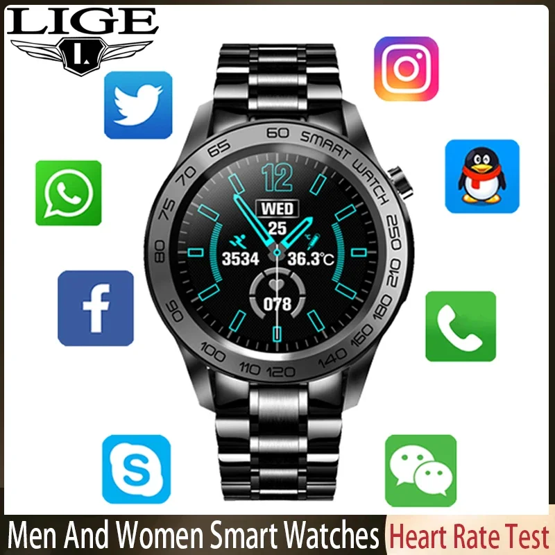 LIGE-Relógio Inteligente Impermeável para Homens, Faixa de Aço, Gravação GPS Track, Atividade de Temperatura Corporal, Esporte Fitness SmartWatches