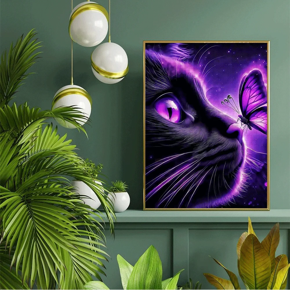 1000 قطعة قطة سوداء مع عيون أرجوانية، أحجية الصور المقطوعة ذات السماء المرصعة بالنجوم والفراشة - تصميم مشهد ليلي وردي أرجواني نابض بالحياة، كبير للبالغين