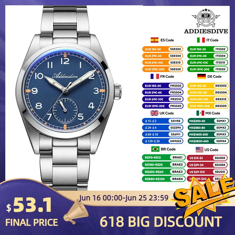 

ADDIESDIVE Vintage Quartz Watch VH60 Movement 316L Steel BGW9 C3 Super Luminous 24H Sub-dial 100M Water Resistant Design AD2099