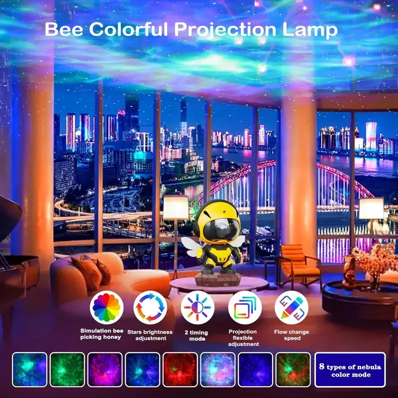 Bee Astronaut Galaxy Projector قابل للتعديل المتدفق ضوء النجوم العارض سديم السقف LED ضوء الليل لتزيين غرفة الأطفال