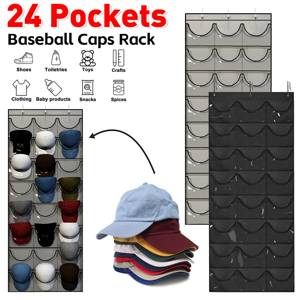 1/2pcs Clear 24 Pockets Protect Hat Rack Wall Baseball Cap Organizer Hanger with 2 Hooks Hat Storage Rack Door Hanging for Home