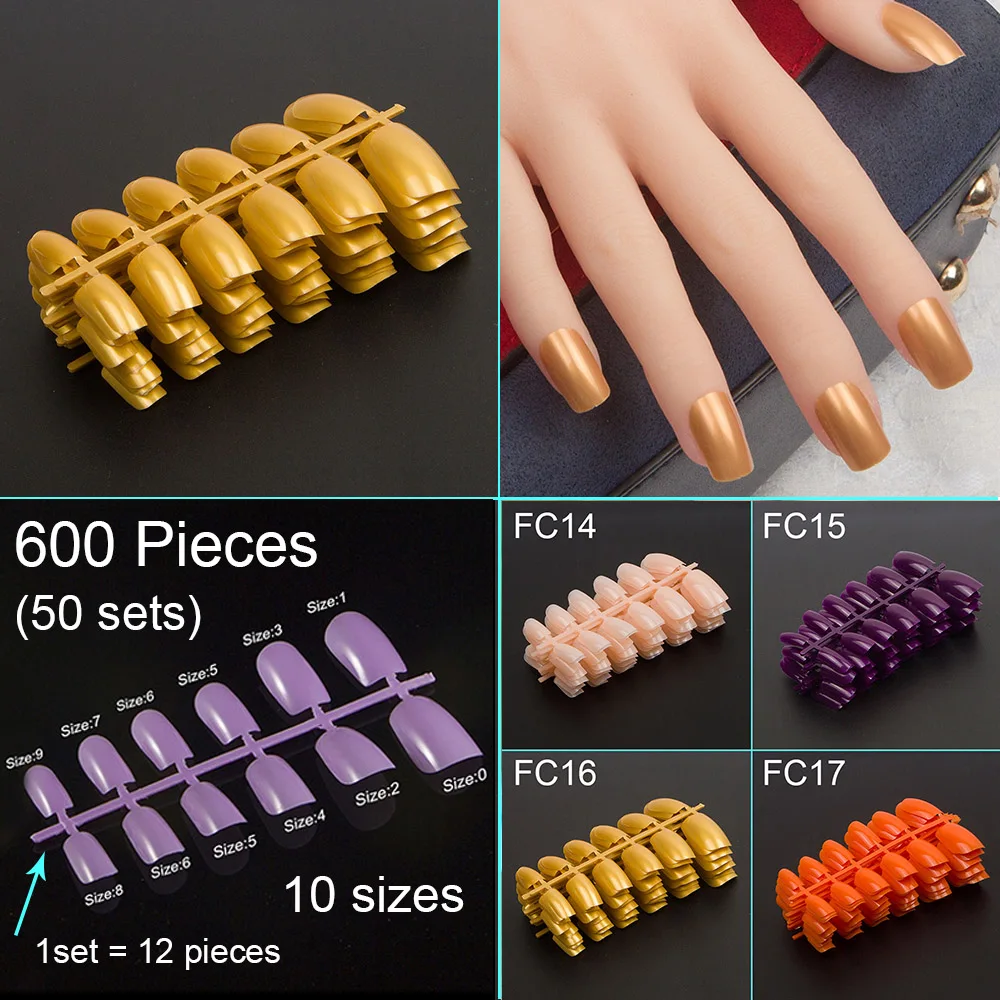 Golden Color 50 Sets 600 Pieces of False Nail Tips Square Shape Press on Nail Tips  Acrylic Nail Fake Nails Set