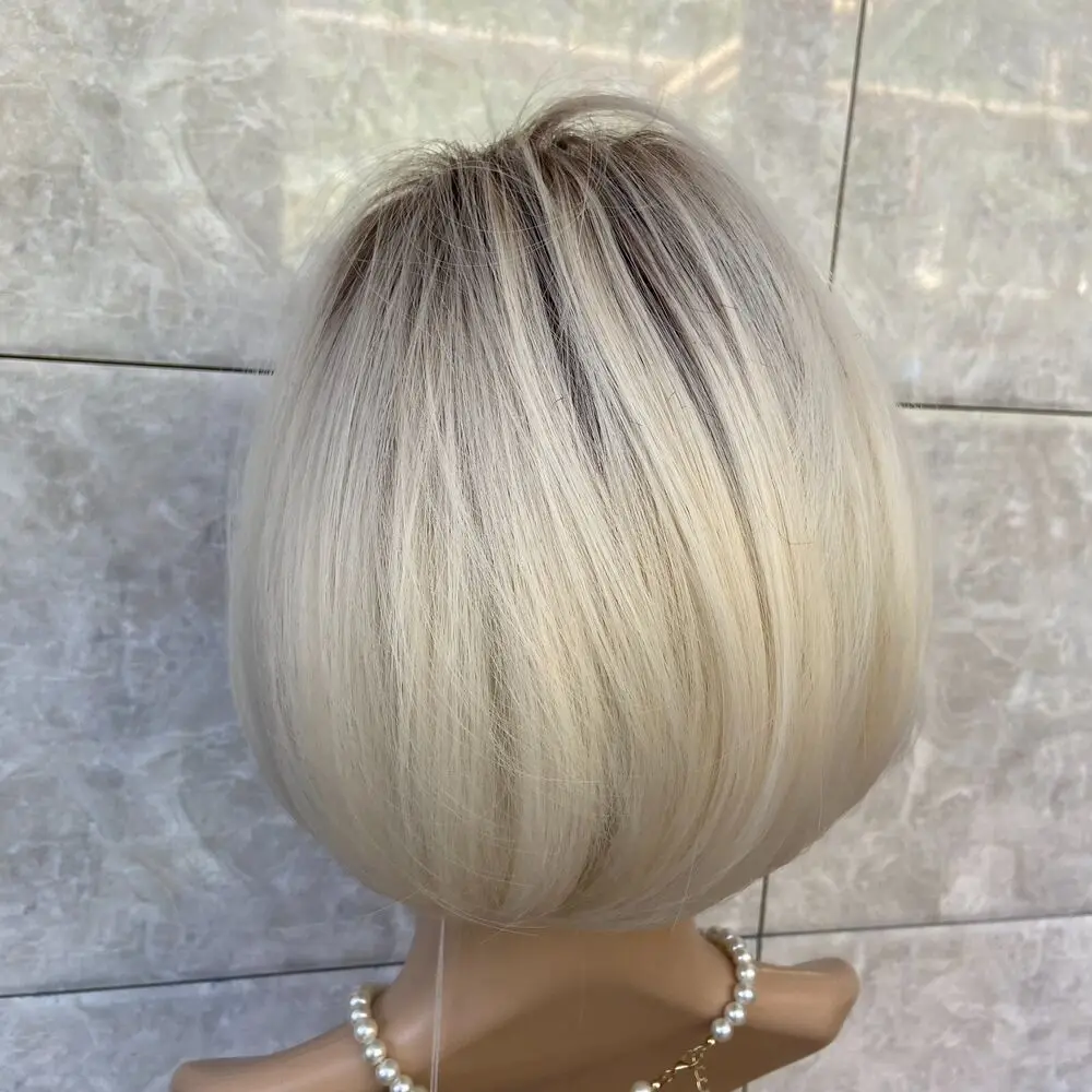 Bob peruca curta com raízes escuras, cabelo loiro, misturar o cabelo humano, misturar perucas naturais, penteado