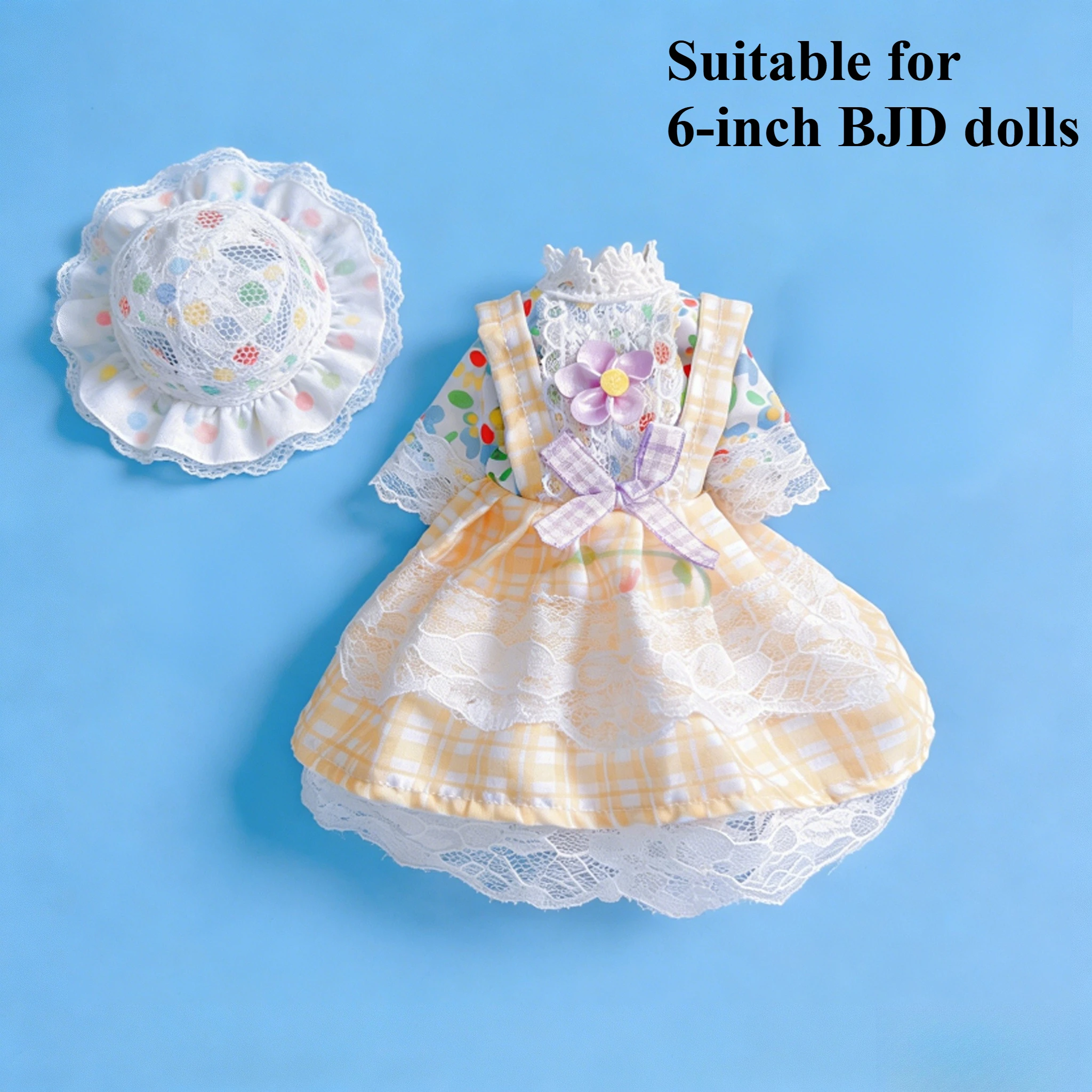 

Новый комплект платья-боннет в желтую клетку в стиле Лолита для куклы BJD 6-ти точечного размера, с кружевной отделкой и цветочным бантом, наряд для куклы 30 см, подарок для девочки