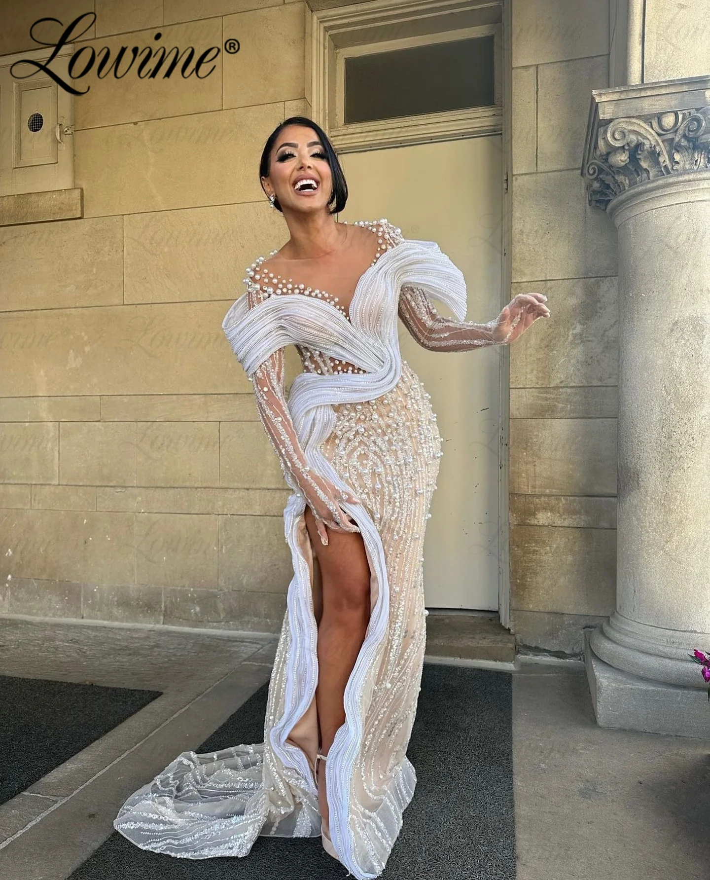 Elegant Arabic Evening Dress Long Sleeve White and Champagne Party Gowns Aso Ebi Pearl Beaded Prom Second Reception Dresses Robe