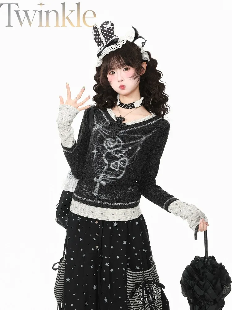 Kawaii Star T-shirt Women V Neck Long Sleeve Patchwork Otaku Moe Cute Autumn Design Top Graphic Tee Ladies