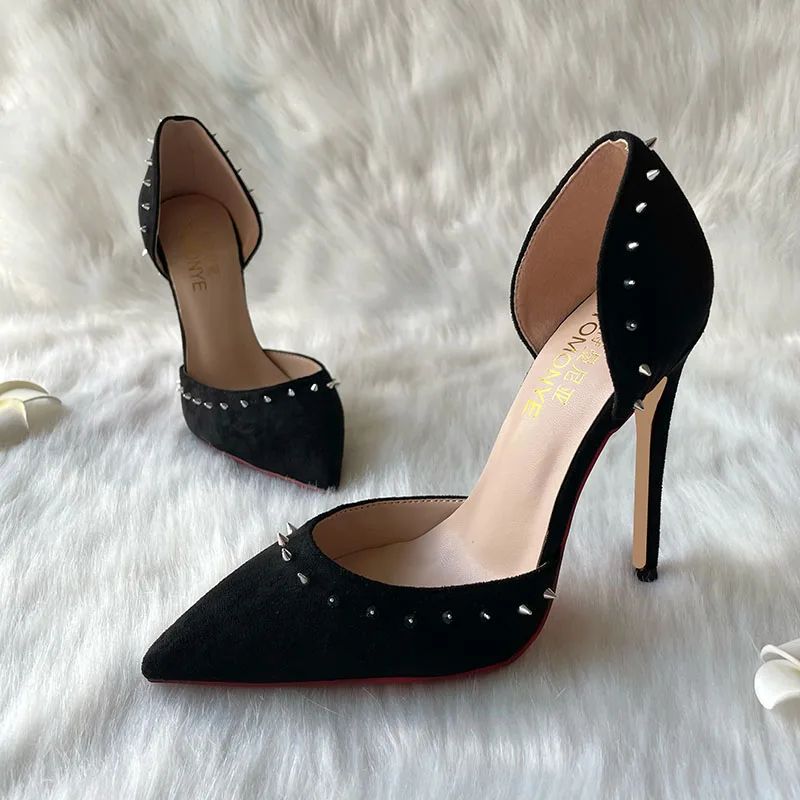 2023 New Fashion Hot Sale Brand Designer Black Suede Pointed Toe Spike Rivets 120mm Big Small Size High Heel Shoes Pump On Sale