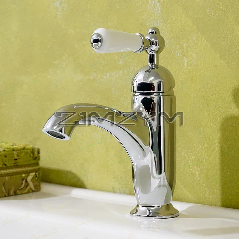 Retro Brass Single Handle Basin Faucet, Ceramic Handle Washbasin Tap Perfect for Bathroom Cabinets, Hot & Cold Water Mixing