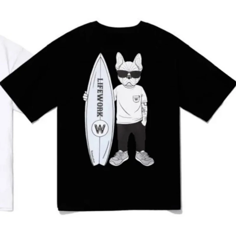 2026 Vintage T-Shirt Bulldog Surfer With Surfboard Graphic Unisex Tee Couples Matching Crew Neck Retro Beach Streetwear Casual