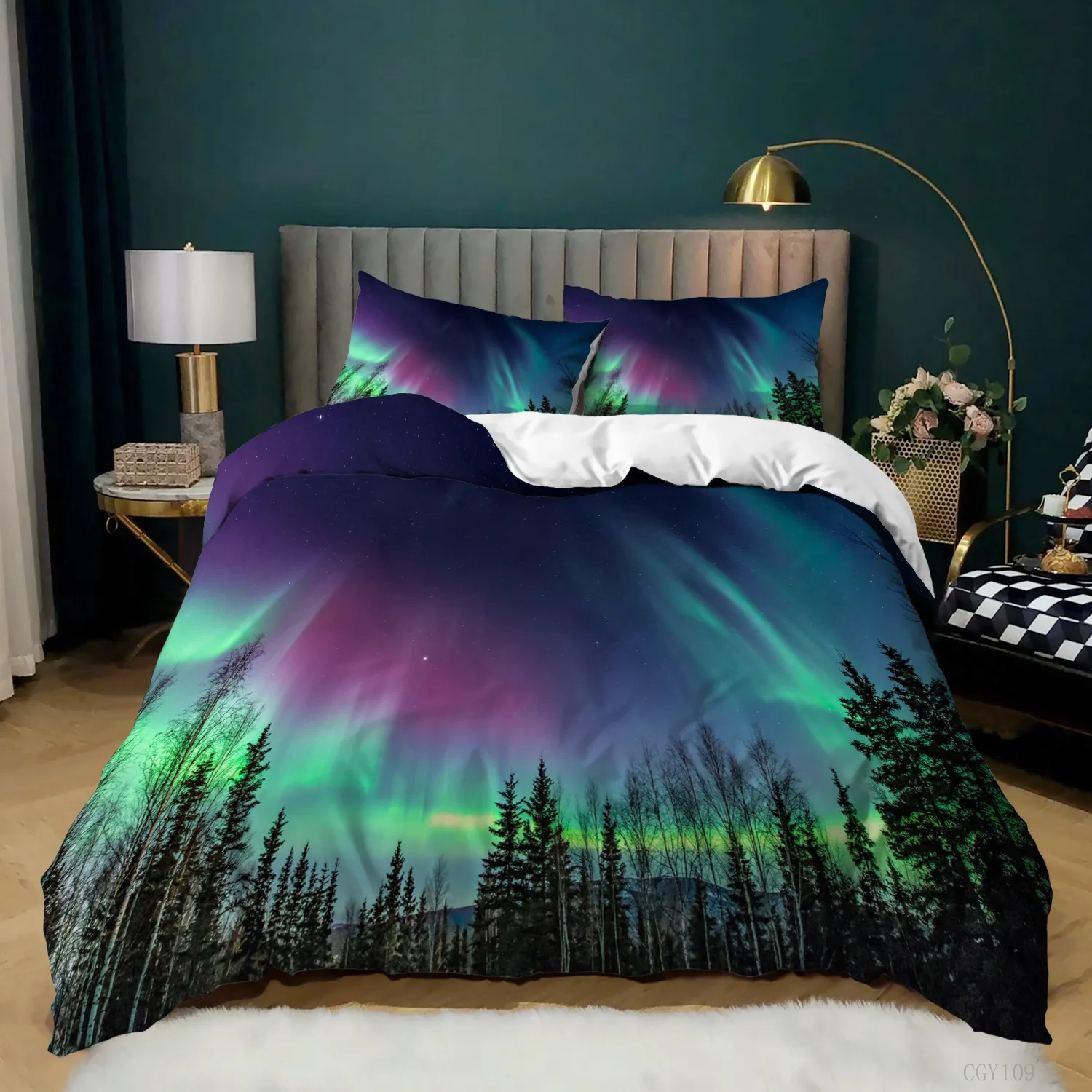 Aurora Borealis polyester Duvet Cover Set Tree Under Magnetic Field of Nature with Northern Lights Landscape Picture King Size