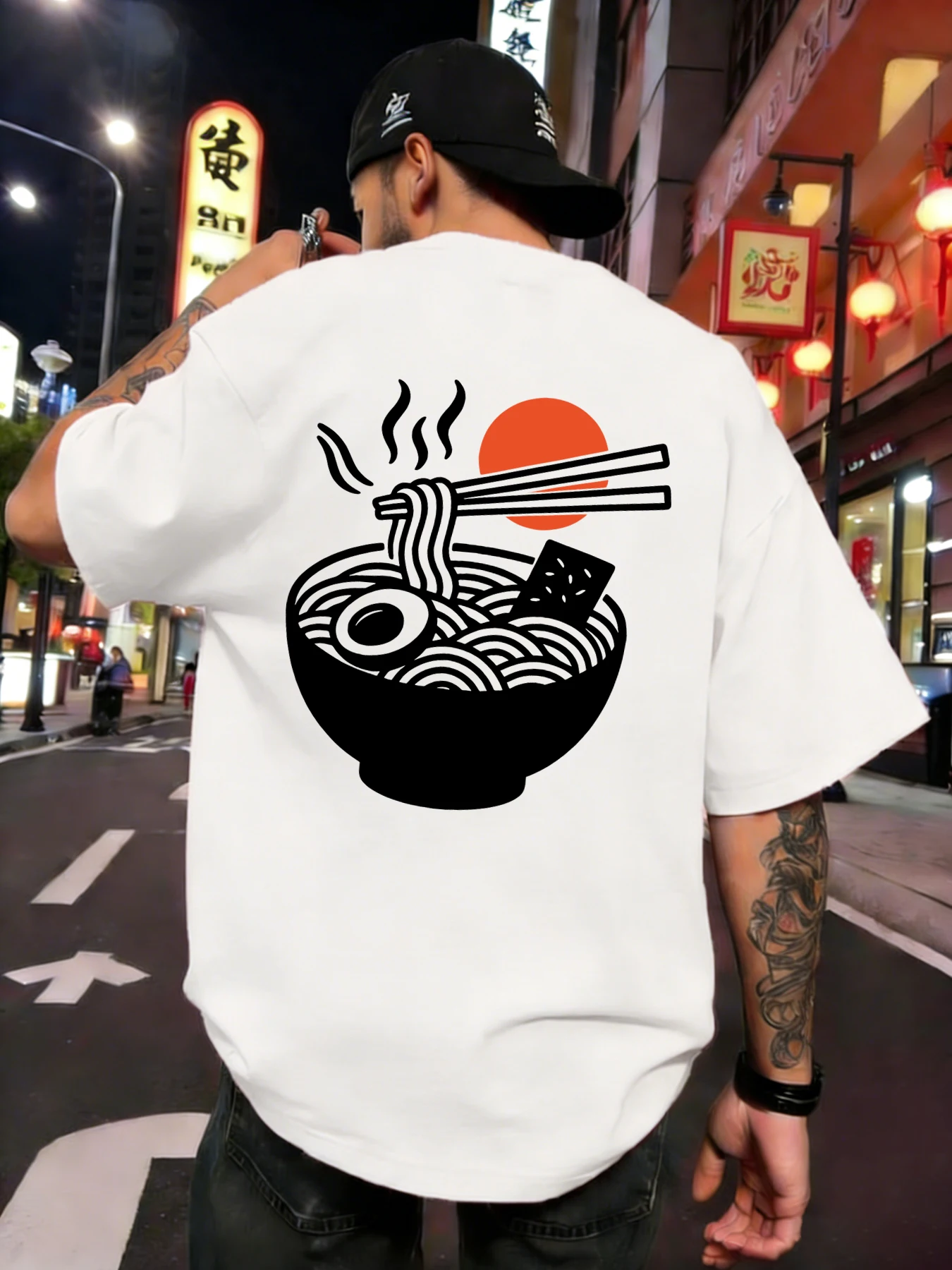 Steaming Lamian Noodles Print T-Shirt Men Summer Trendy T Shirts Oversized Vintage Clothing Unisex Cotton All-Match Sportswear
