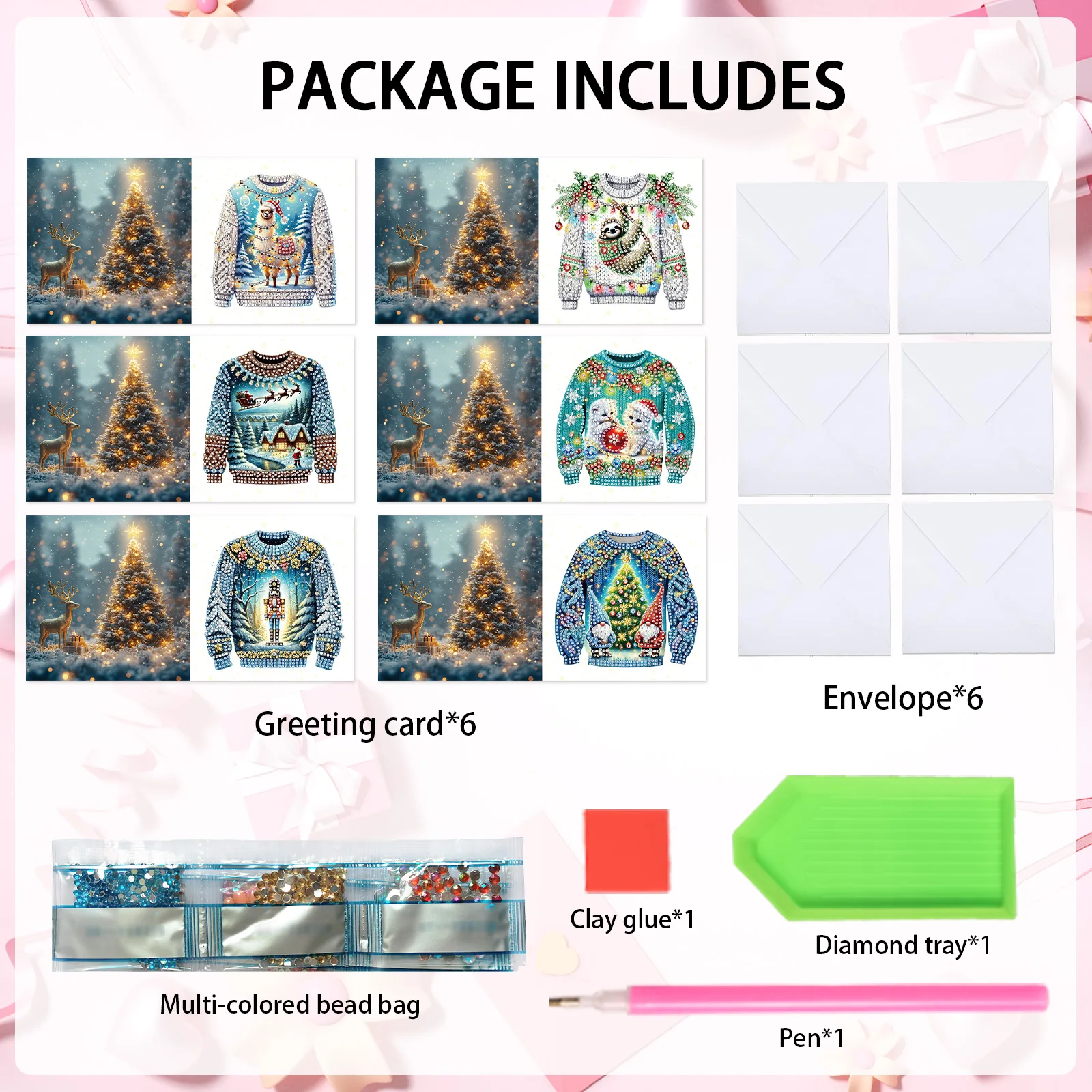 6Pcs Diamond Art Painting Greeting Cards Kit,Christmas sweaterl Handmade Festival Greeting Diamond Birthday Creative Cards Gifts - view 3