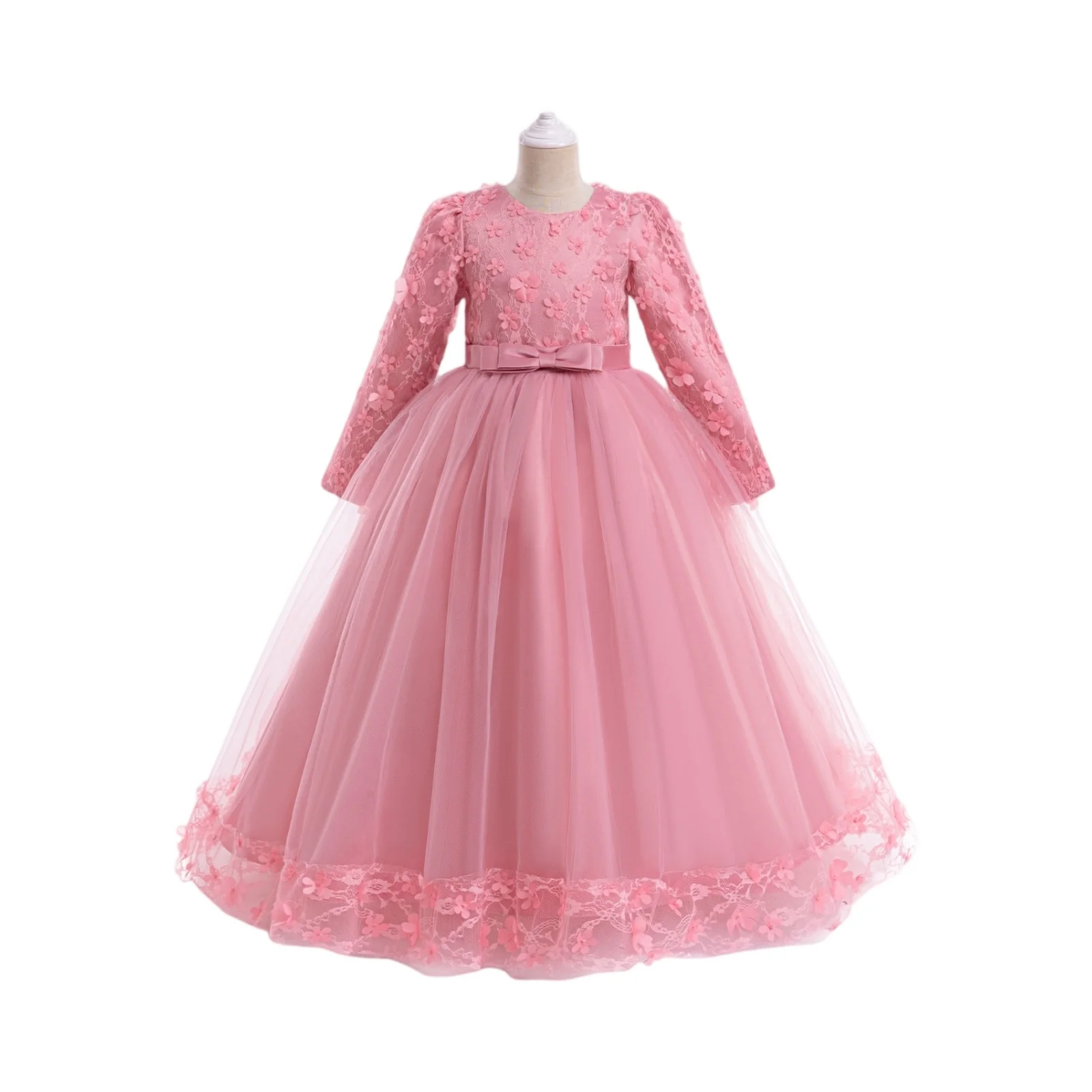 

Long Sleeve Sequin Bridesmaid Girls Dresses Elegant Tulle Flower Wedding Princess Kids Party Dress for Girl Bow Chrismas Costume