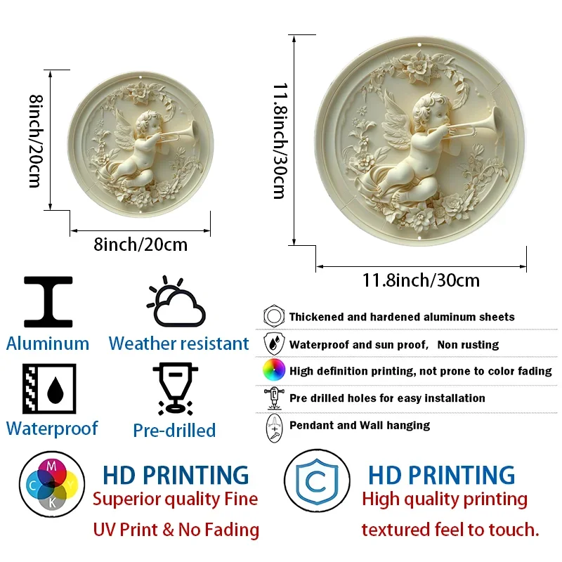 Aluminum Angel Cherub Metal Sign, Wall Art, Decorative 2D Round Relief Plaque, HD Printed, Outdoor, Indoor, Tavern, Home
