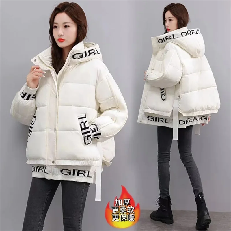 2024 Winter New Fashion Trend Splicing Letter Down Cotton Jacket Women's Hooded Loose Thicken Warm Coat Female Parker Outwear