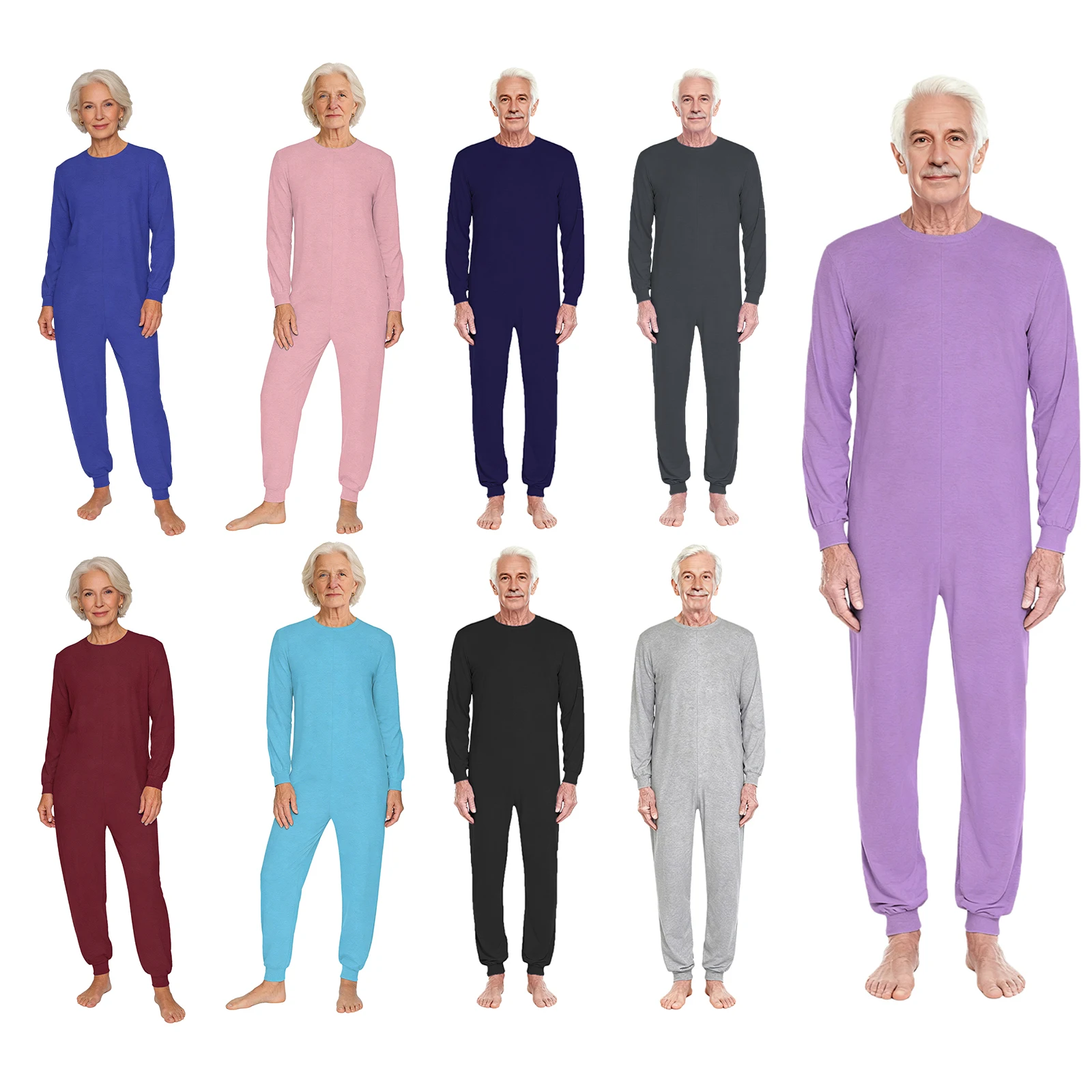 Unisex Elderly Anti-Strip Adaptive Jumpsuit Lingerie Loose Long Sleeve Zip One-piece Romper for Special Needs and Disabilities