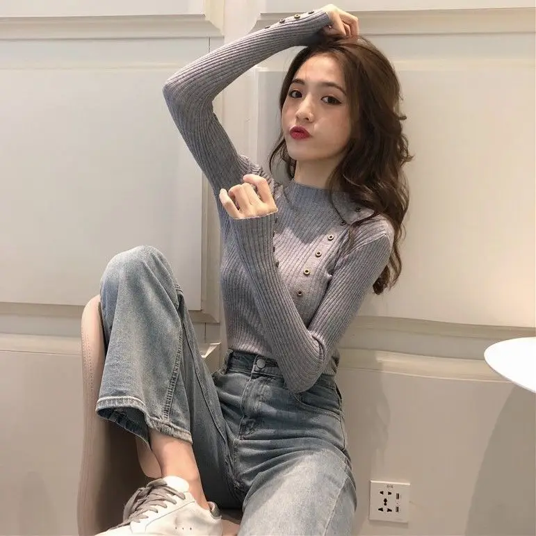 New Women's Semi High Neck Knitted Sweater Internet Famous and Stylish with Long Sleeves Underneath and a Tight Fitting Top