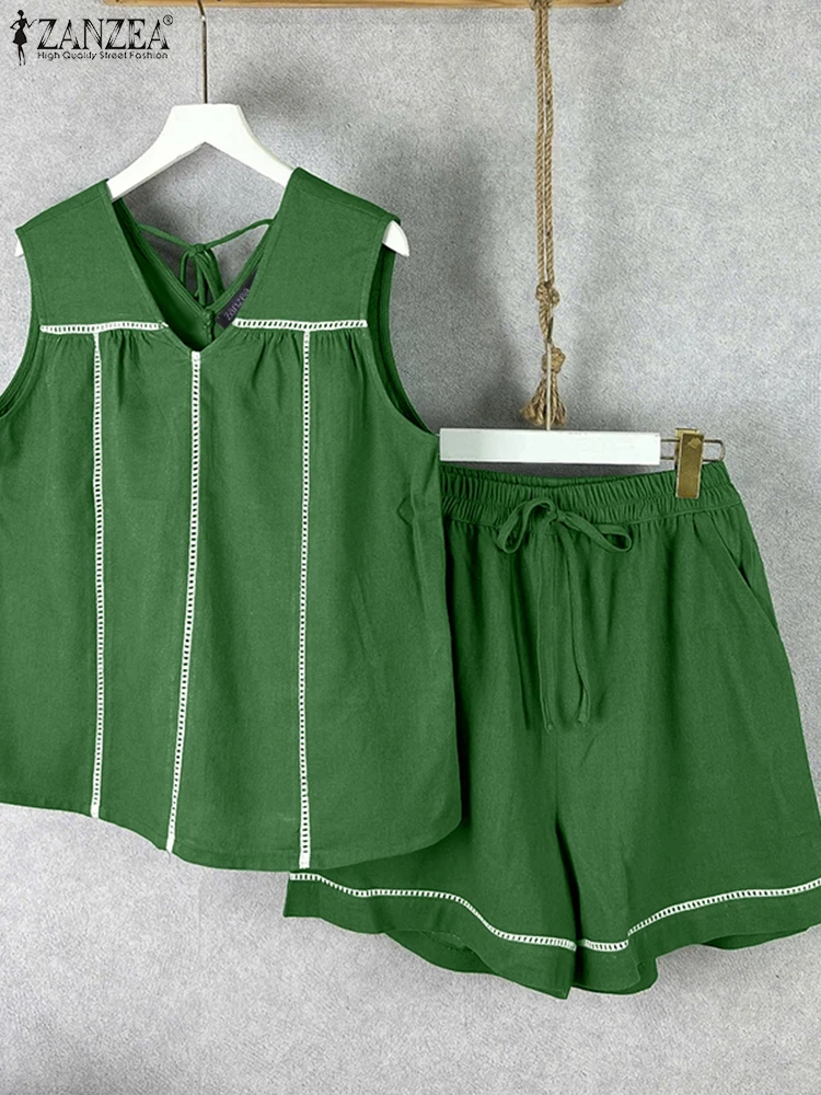 

Loose Shorts Sets Women 2025 ZANZEA Sleeveless Tops Short Pants Solid Color Summer Matching Sets Casual Elastic Waist Outfits
