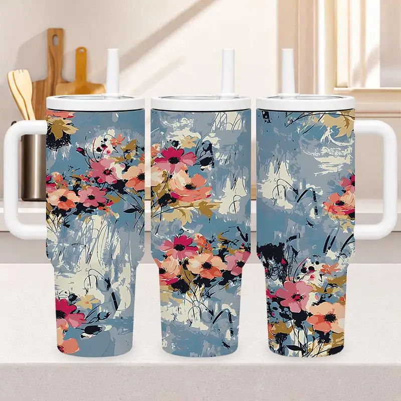 1pc 40oz 304 Stainless Steel Hand-held Cup Abstract Floral Print Blue Pink Flowers Insulated Tumbler with Handle And Straw for Home Office Travel Car Suitable Gifts for Halloween Christmas And Other Special Festivals