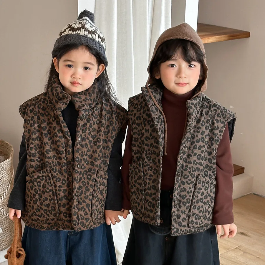 Kids Leopard Print Padded Vest Winter Sleeveless Jacket Boys Girls Unisex Warm Fleece Lined Coat Toddler Outerwear Outdoor Wear