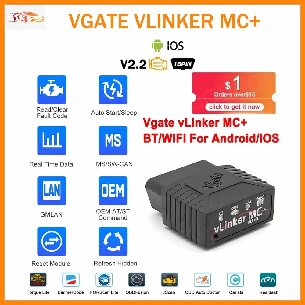 Original Vgate vLinker MC+ ELM327 Bluetooth 4.0/3.0 OBD 2 OBD2 ELM 327 wifi Car Diagnostic For IOS Android Scanner Auto Tool