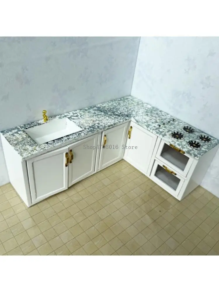 

1/12 Wooden Kitchen Model Furniture Cooking Table Cabinet Set for Craft Project