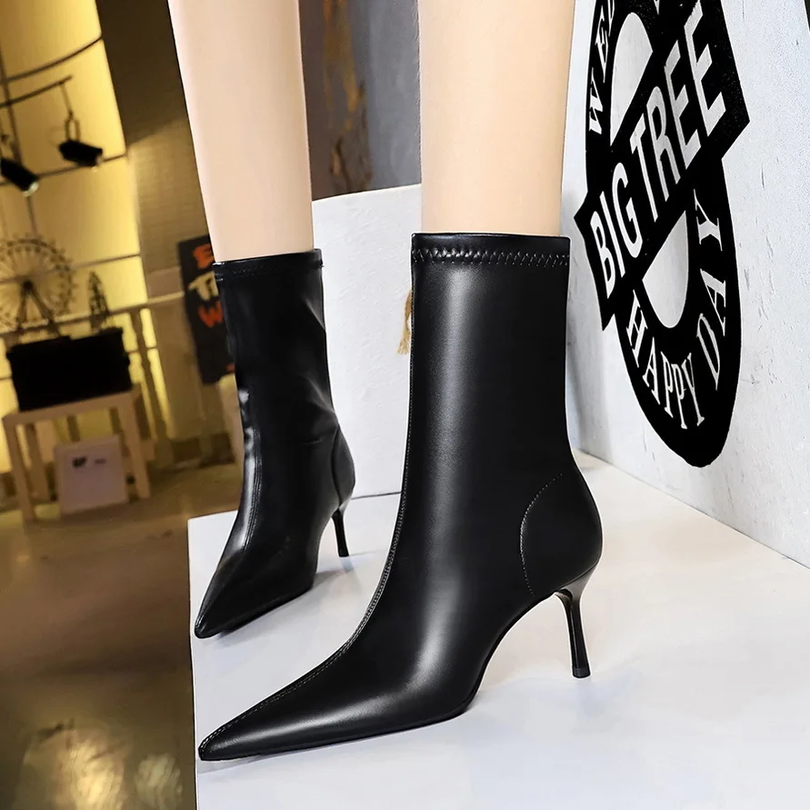 Ladies Pumps Shoes Style Winter Fashion Simple Mid Slim Pointed Toe Trimming Slimming Party Women's Short Boots Women High Heels