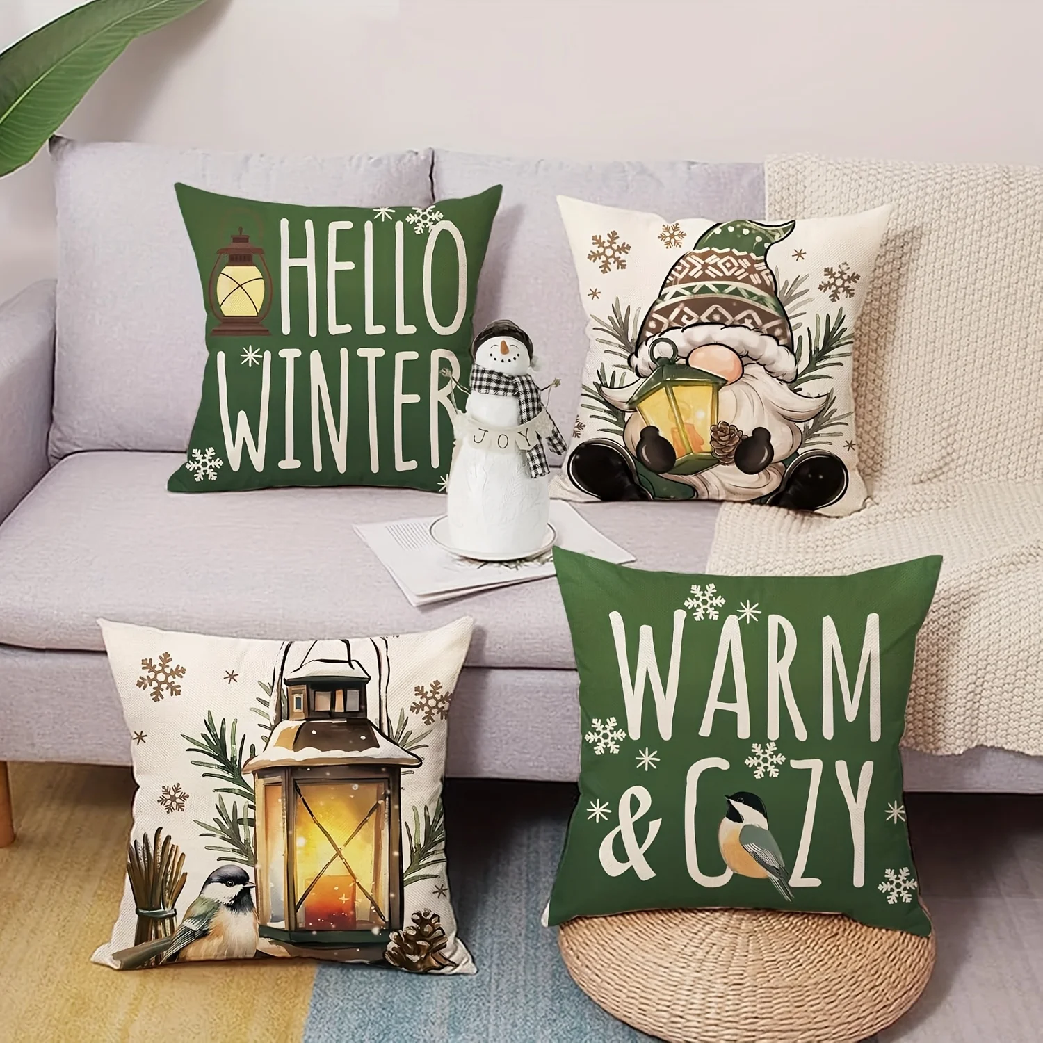 4pcs, Hello Winter Gnome Green Decorative Throw Pillow Covers, Warm And Cozy Lantern Porch Outdoor Home Decor