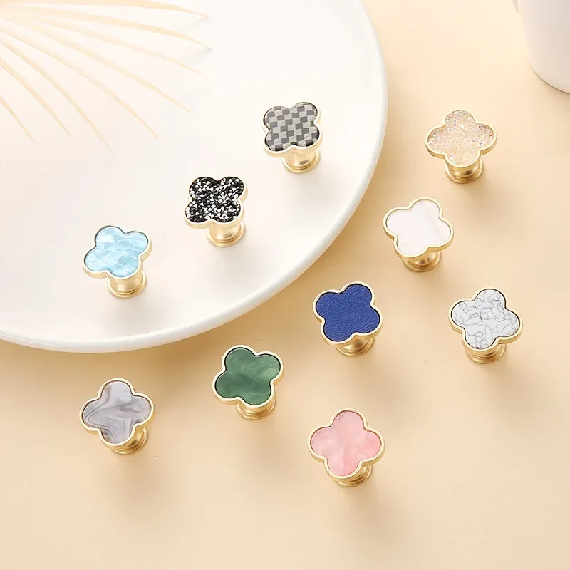 Multicolor Shell Nordic Clover Flower Brass Handle Wardrobe Hook Drawer Knob Cabinet Door Small Furniture Handle Single Hole